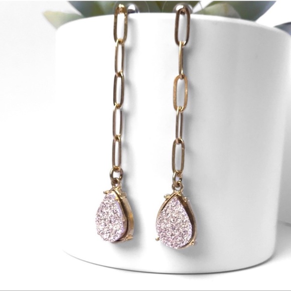 val marie Jewelry - Dangle Chain Yellow Gold Metal Faux Druzy Teardrop Pearl Pink Earrings